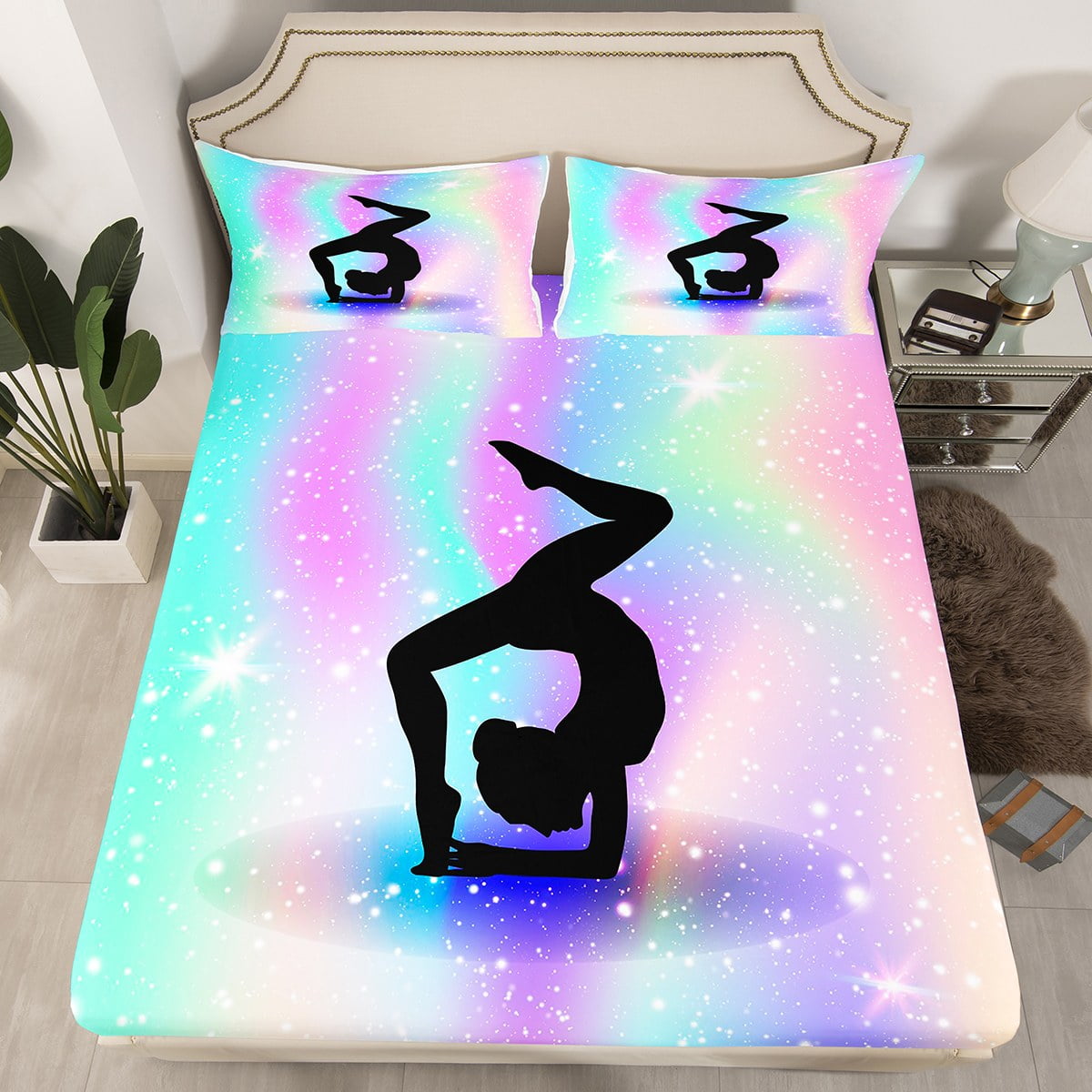 YST Space Star Glitter Fitted Sheet Twin Size, Gymnastics Bed Sheets ...