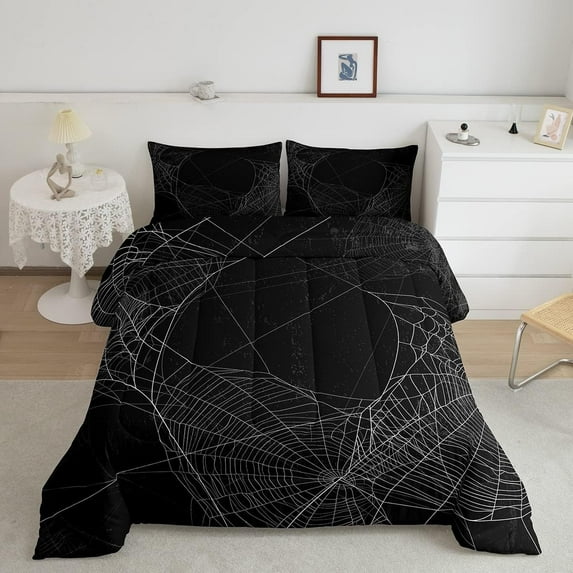 Spider Web Full Size Comforter Set Black and White Bedding Set Adults Teens Spider Comforter Luxury Halloween Theme Quilt Set Room Decor