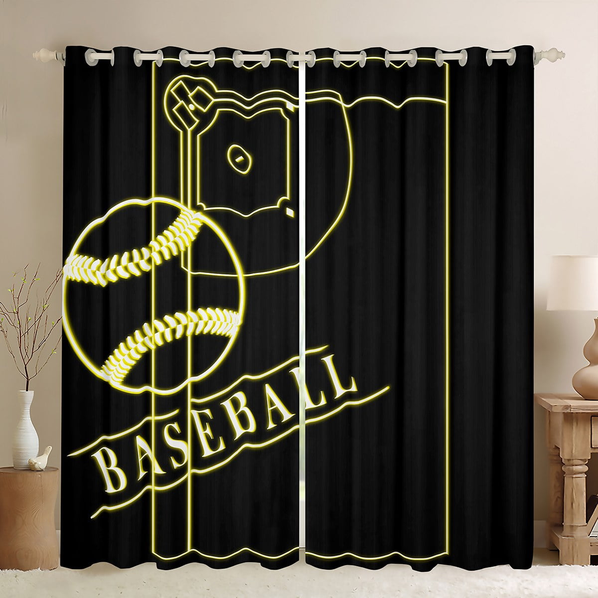 YST Sport Curtains & Drapes Baseball Curtains for Boys, Black Yellow Blackout Curtains Gold