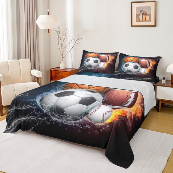 Sports Bed Sheets Twin Size,Baseball Soccer Sheet Set Teens Basketball Football Sheets Ball Games Flat Sheet,Fire Ice Trippy Lightening Decor 3Pcs Soft Luxury