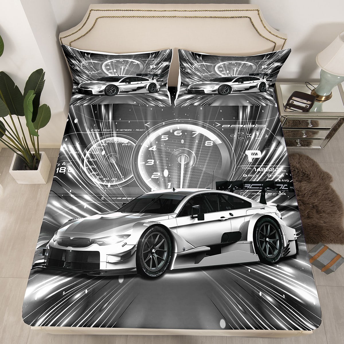 YST Sports Car Bed Sheets Racing Sports Game Fitted Sheet for Boys Kids Retro Grey Race Car