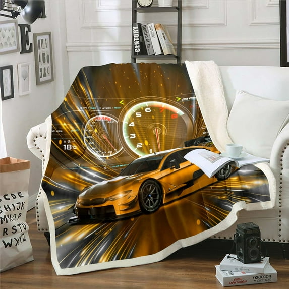 Sports Car Blanket Gold Race Car Throw Blanket Extreme Sports Fleece Blanket Cool Speed Racing Car Decor Sherpa Blanket 40"X50"