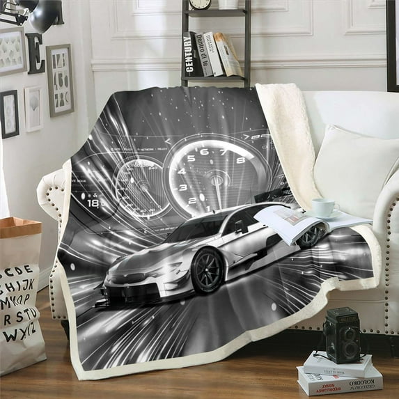 Sports Car Blanket Racing Sports Game Throw Blanket Bedroom, Retro Grey Race Car Fleece Blanket Cool Sports Grunge Vintage Decor Sherpa Blanket Twin Size