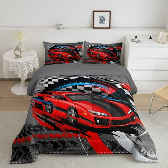 Sports Car Comforter Set Queen,Red Race Car Extreme Sport Bedding Set Teens,Competitive Gaming Duvet Insert Set Black White Grid Quilted Duvet Set,Grey