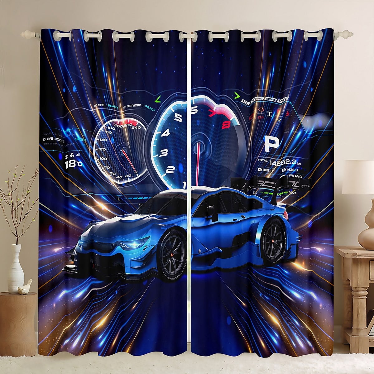 Sports Car Curtains for Bedroom,Race Car Curtains & Drapes Cool Speed Race Sports Car 30%-50% Blackout Curtains Young Man Extreme Sports Theme Window Curtains 42Wx84L,Blue