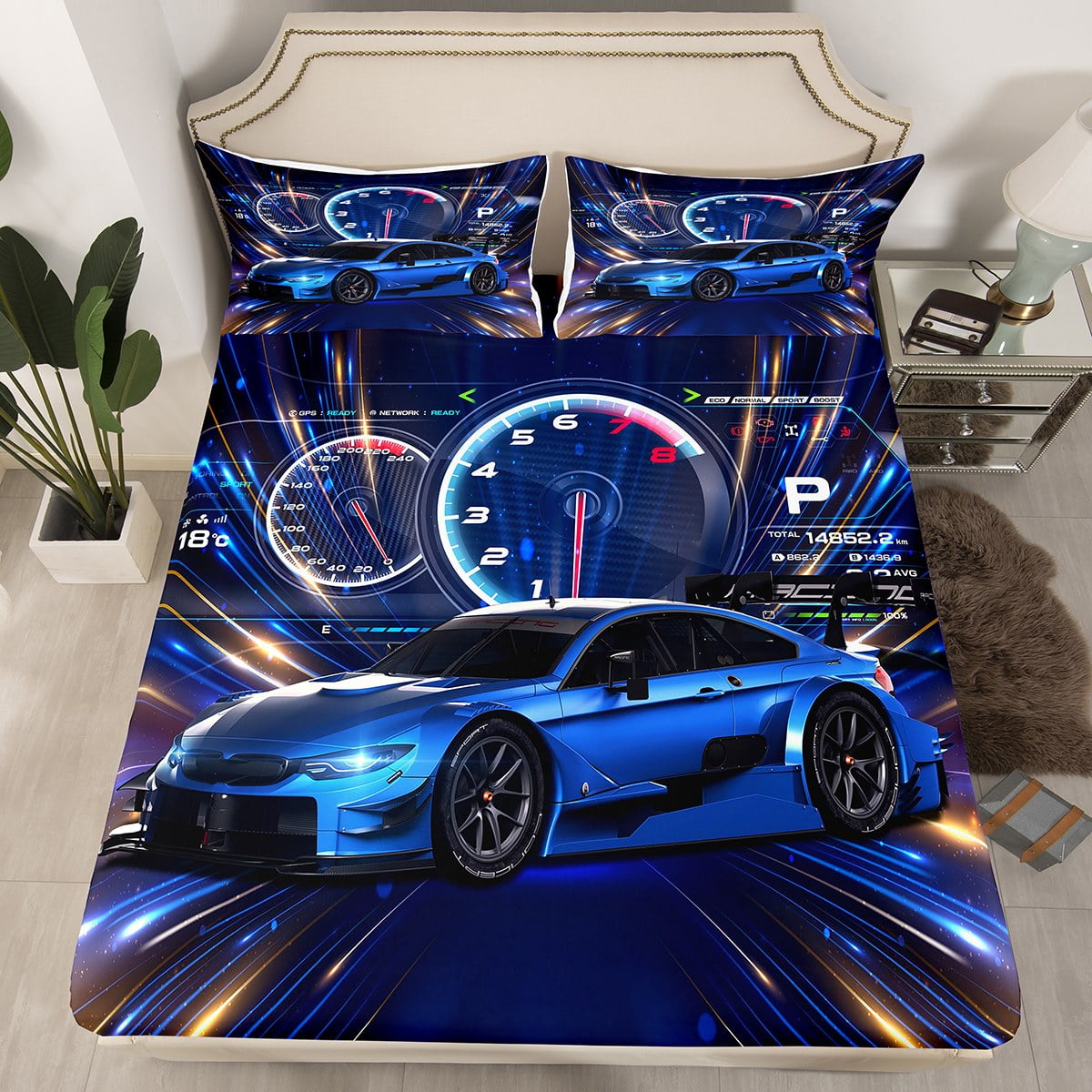 YST Sports Car Fitted Sheet Queen Size,Race Car Bedding Set Cool Speed Race Sports Car Bed