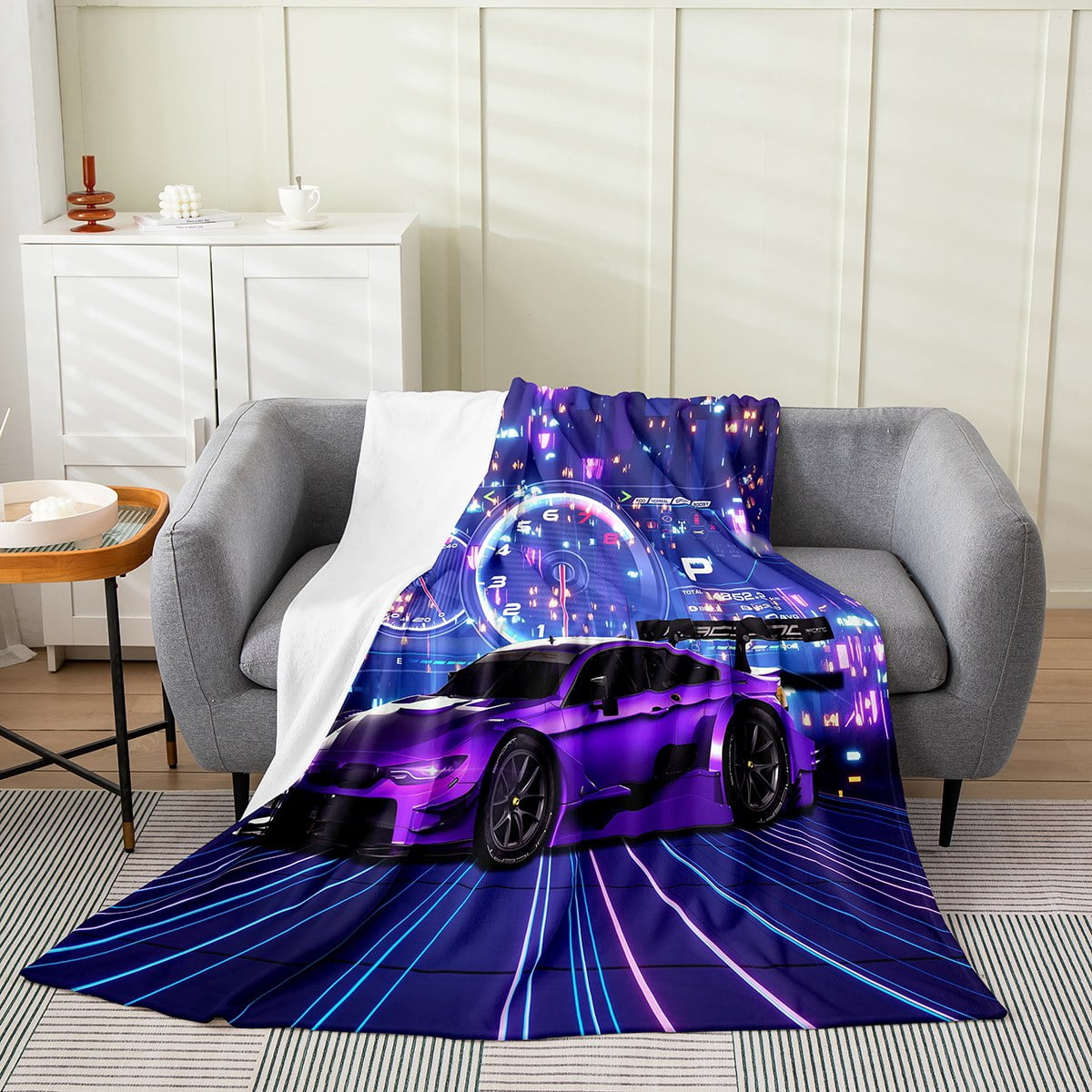Pink Race Car Throw Blanket - 40x50 Inches, Soft Fleece & Sherpa, Checkered Design For Bed, Couch, Gift