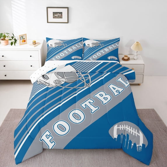 Sports Football Bedding Comforter Sets White and Sky Blue Rugby Helmet Bedding Full, American Football City Themed Comforter Set Retro 3D Ball Game Quilt with 2 Pillowcases(Detroit)