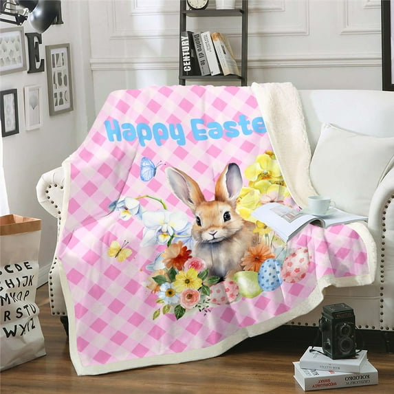 Spring Easter Bunny Throw Blanket 40x50,Purple Buffalo Checkered Fleece Blanket,Colorful Easter Eggs Fuzzy Blanket,Cute Rabbit Botanical Flowers Sherpa Blanket Easter Decorations