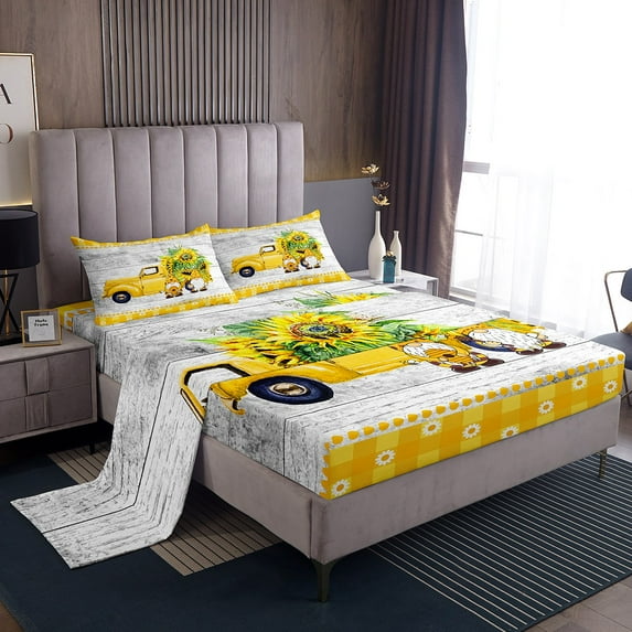Erosebridal Spring Gnome Queen Bed Sheets Set,Yellow Sunflowers Sheet Set,Floral Truck Bedding Set,Lovely Bee Gnome Dwarf Top Sheet,Grey Wooden Board Bed Set Pocket