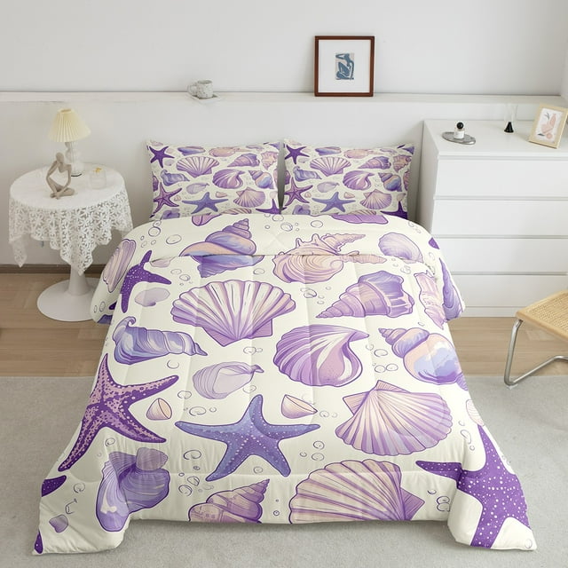 Starfish Seashell Comforter Set Full,Purple Coastal Animal Bedding Sets,Sea Shell Conch Quilted Duvet,Ocean Sea Life Down Comforter Summer Themed Bedroom Decor with 2 Pillow Cases
