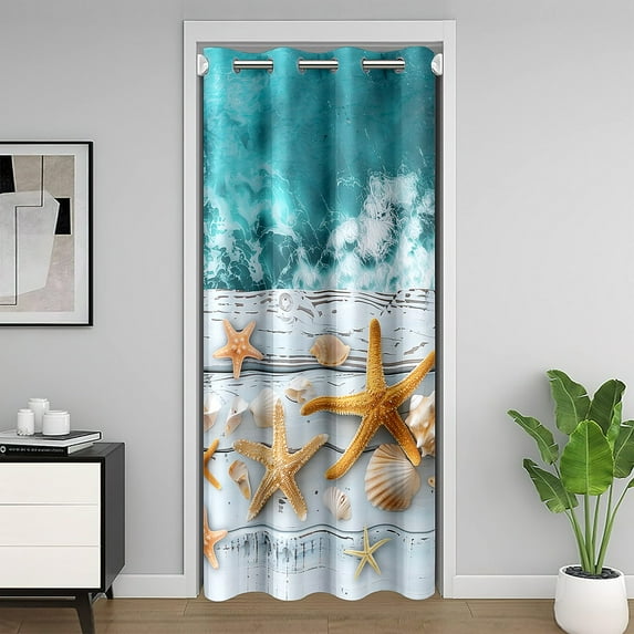 Starfish Seashell Door Curtain For Doorway Privacy ,Blue Ocean Hawaii Blackout Curtain 34"W X 80"L,White Wooden Plank Door Drape,Retro Farmhouse Room Divider Curtain