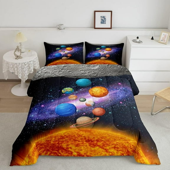 Starry Sky Comforter Cover Teens Universe Galaxy Bedding Set Youth Outer Space Planet Print Quilted Duvet Soft Microfiber Bedding Set with 1 Pillowcase, Twin Size