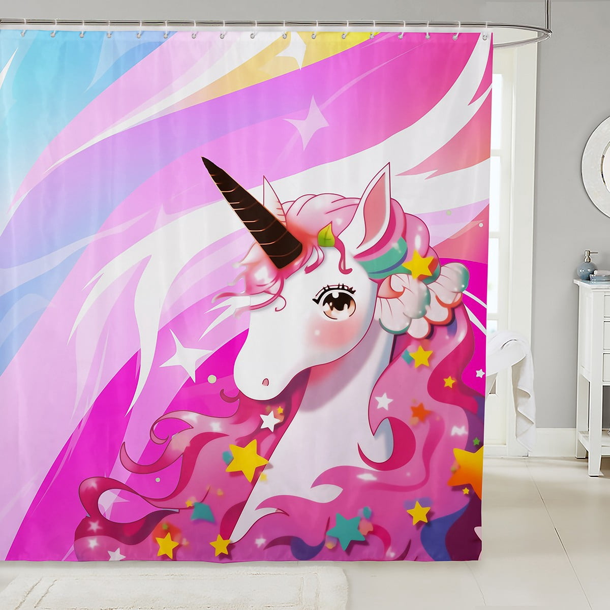 YST Stars With Unicorn Shower Curtain For Girls Bathroom 72"Wx72"L