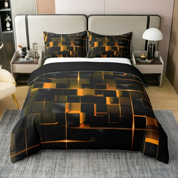 Stereoscopic Neon Geometry 100% Cotton Comforter Cover Full,Orange Black Neon Lights Duvet Cover Teens Adult, Modern Abstract Square Bedding Set Geometric Grid Bedspread Cover