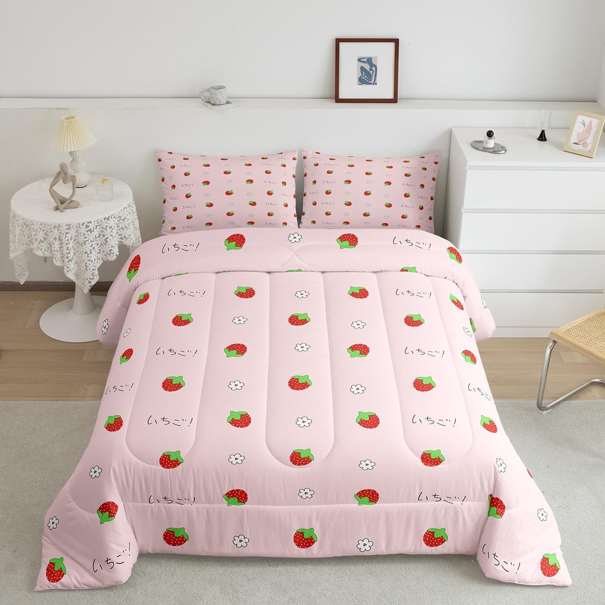 Feelyou Girls Strawberry Comforter Set Twin Size - Cute Kawaii Bedding, 1 Comforter & 1 Pillowcase - View #3