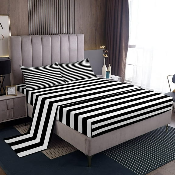 Striped Bed Sheets Black and White Stripe Sheet Set Twin Women Men Farmhouse Ticking Stripes Fitted Sheet Modern Geometric Lines Adults Abstract Gothic Home Decor