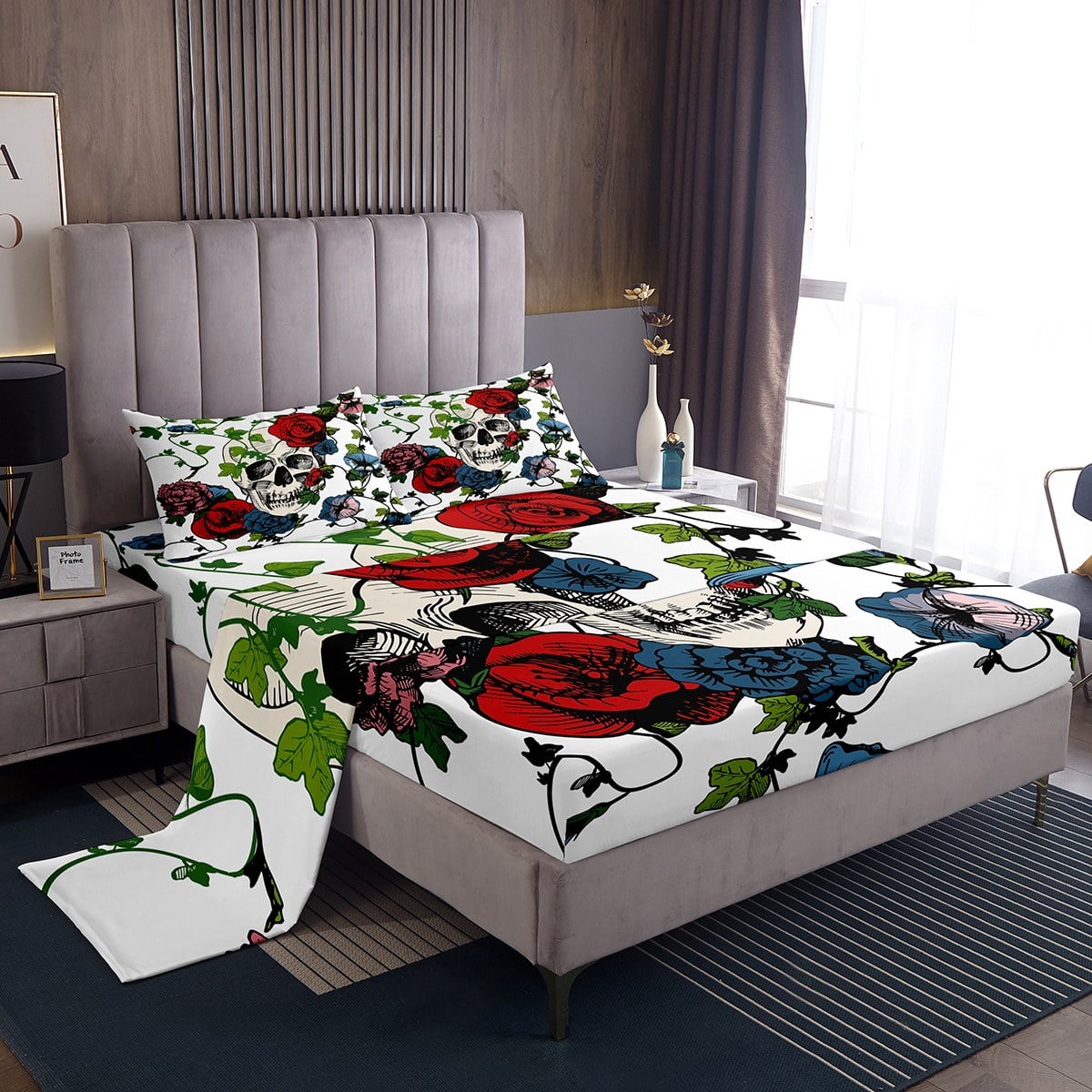 YST Sugar Skull Bed Sheets Set Queen,Red Rose Bedding Set,Gothic