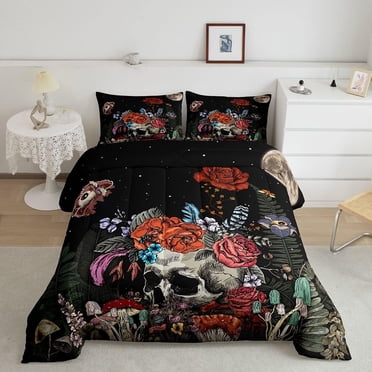 Boho Moth & Skull Comforter Set Queen – Gothic Bedding With Moon & Stars, Black & White