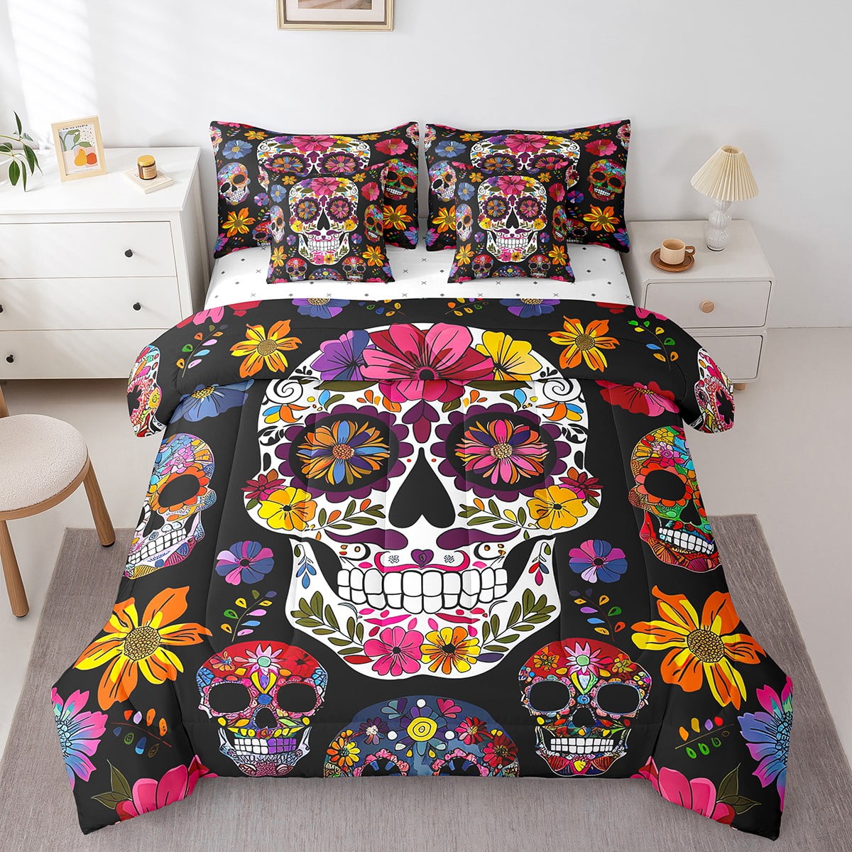YST Sugar Skull Bedding Set Queen 7 Piece,Exotic Tribal Flower Gothic ...