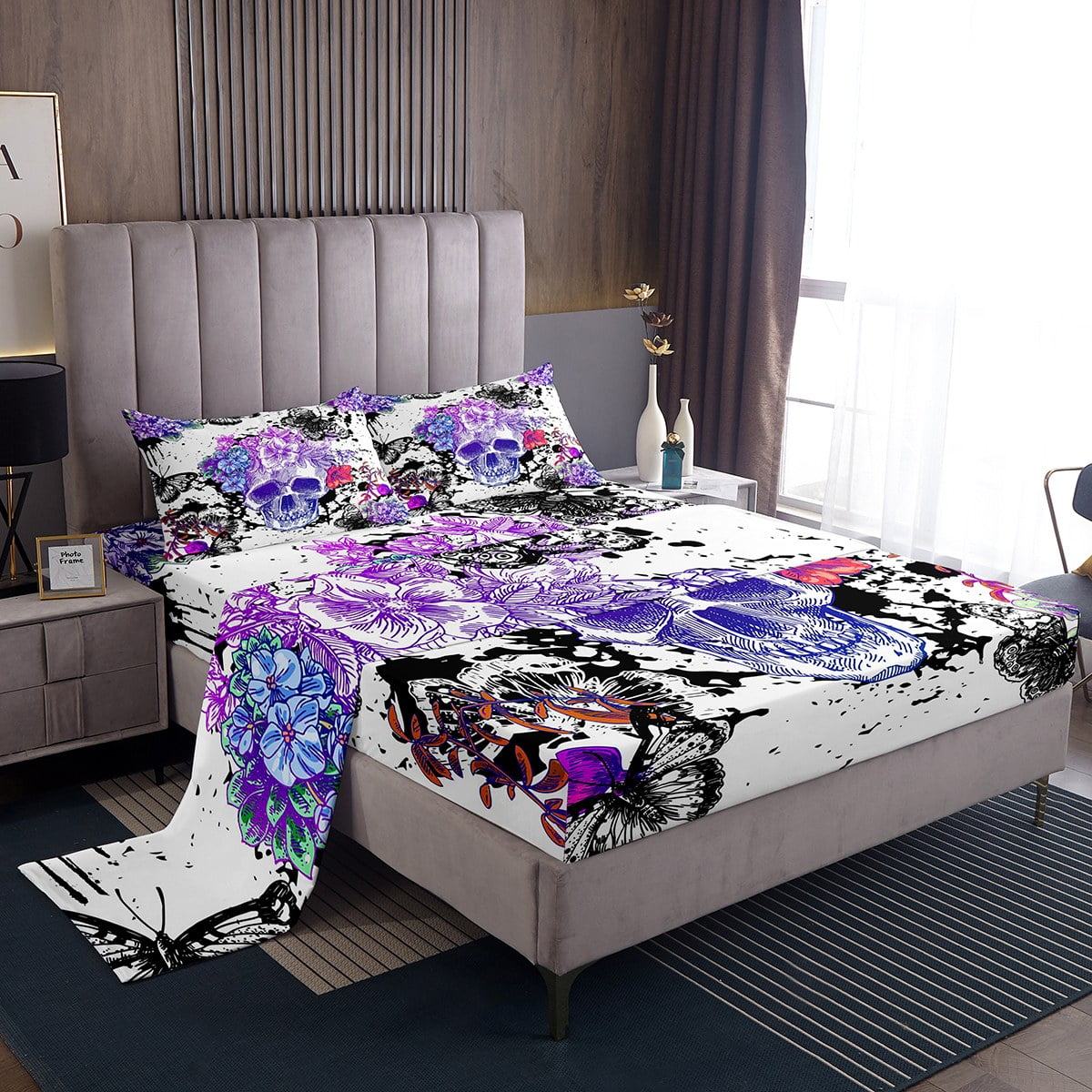YST Sugar Skull Full Bed Sheets Set Dead Moth Blue Rose Sheets Goth Butterfly Decorative Sheet