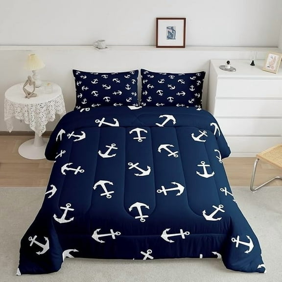 YST Summer Anchor Comforter Set Queen Size, Nautical Anchor Bedding Set for Kids Boys Teens Bedroom Decor, Fashion Navy Blue Quilt Set Soft Polyester Duvet
