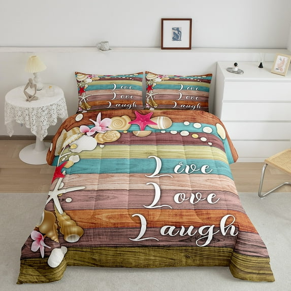 Summer Beach Bedding King Ocean Costal Theme Comforter Set Vintage Lodge Cabin Duvet Insert Marine Sea Shell Starfish Down Comforter, Colorful Wooden Stripe Bedding Comforter Sets