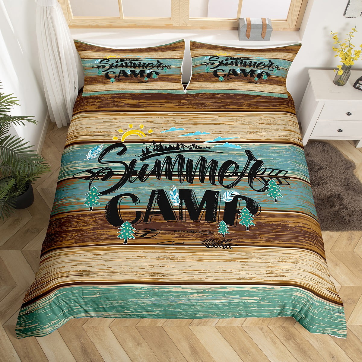 YST Summer Camp Bedding Set Full, Camper Decor Comforter Cover Rustic