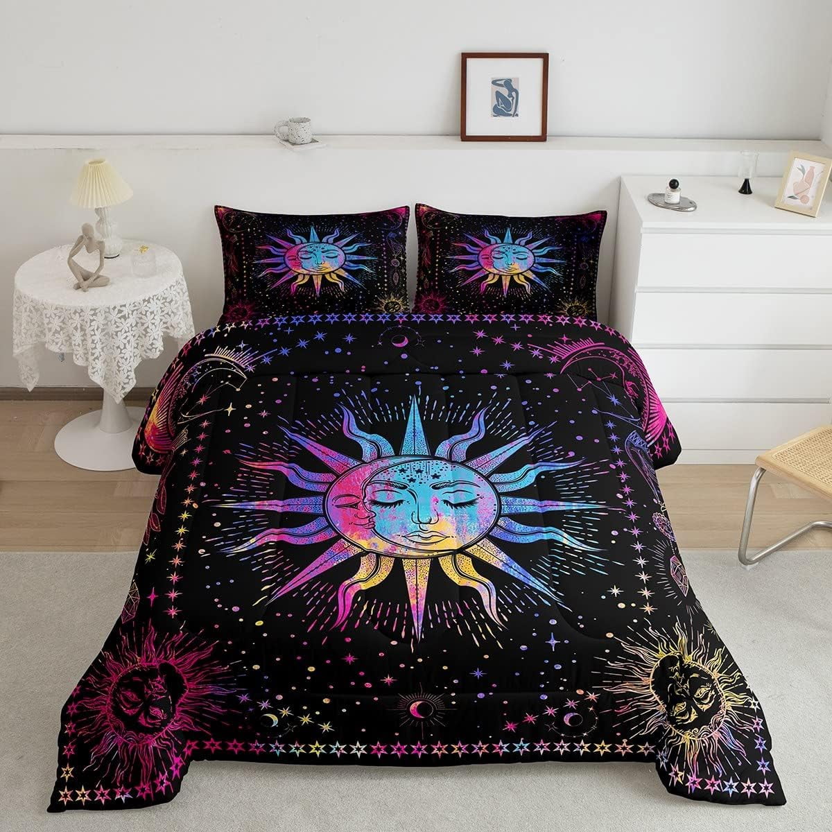 YST Sun and Moon Bedding Set Psychedelic Mystic Galaxy Comforter Set King,Colorful Starry Sky