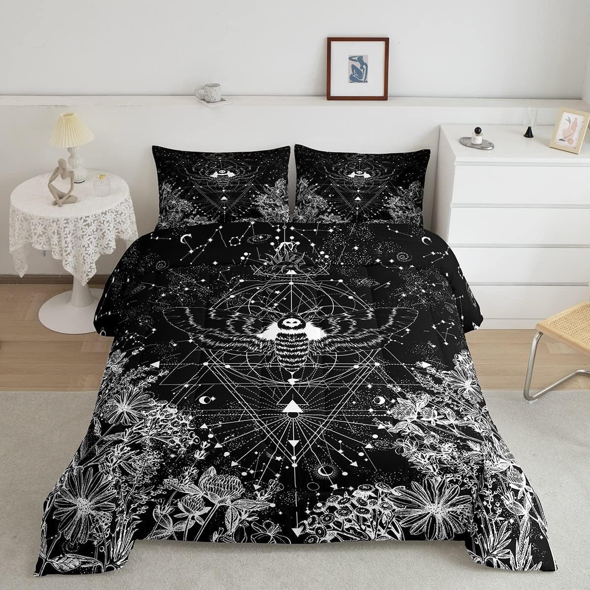 YST Sun and Moon Bedding Sets Twin, Death Moth Comforter Set Glitter