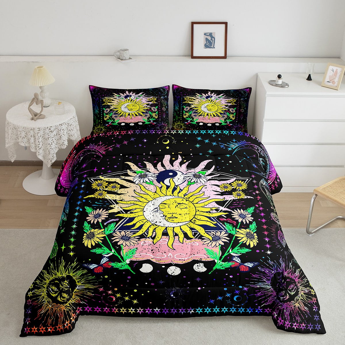 YST Sun and Moon Comforter Queen Size, Hippie Yin Yang Design Bedding Galaxy Moon Phase Bedding