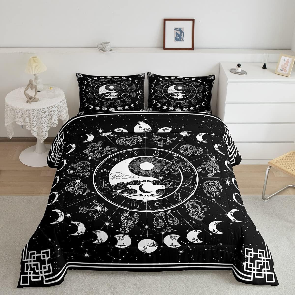 YST Sun and Moon Comforter Set Twin,Twelve Constellations Zodiac Bedding Set Moon Phase Duvet