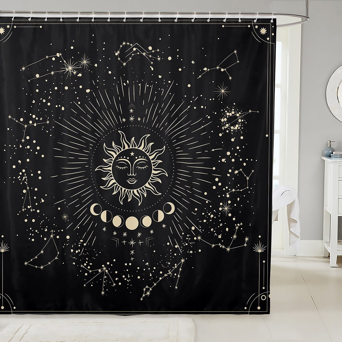 YST Sun and Moon Shower Curtain, Stars Astrology Psychedelic Bathroom