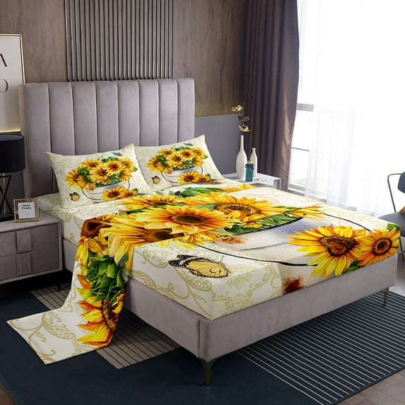 Sunflower Bed Sheets Set Full,Vintage Bohemian Flower Bedding Women,Rustic Farmhouse Butterfly Sheet Set,Boho Damask Background Top Sheet,Oil Painting Style Bedding Set,Yellow