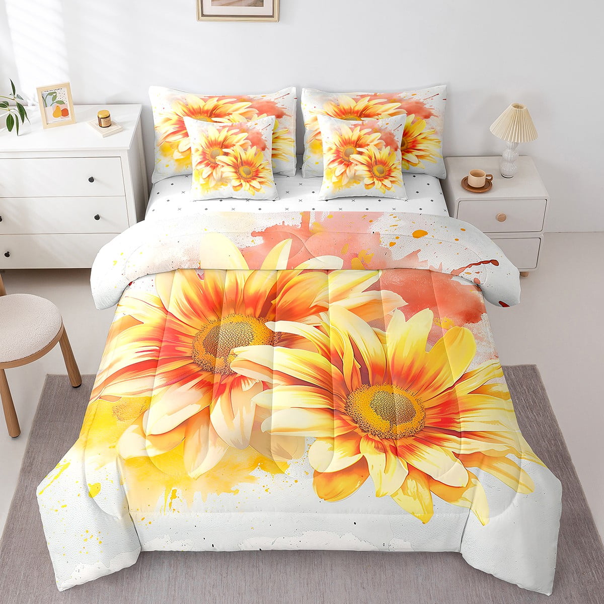 YST Sunflower Bedding Sets 7 Piece King Yellow Floral Quilt with Flat