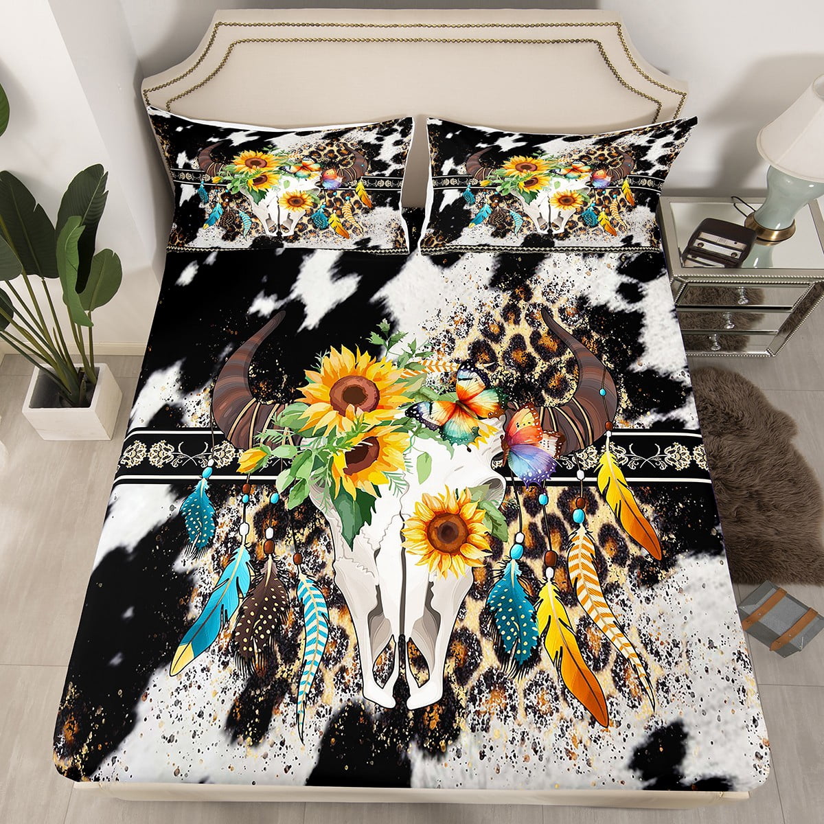 Erosebridal sunflower bull skull western bed sheets queen black cowhide