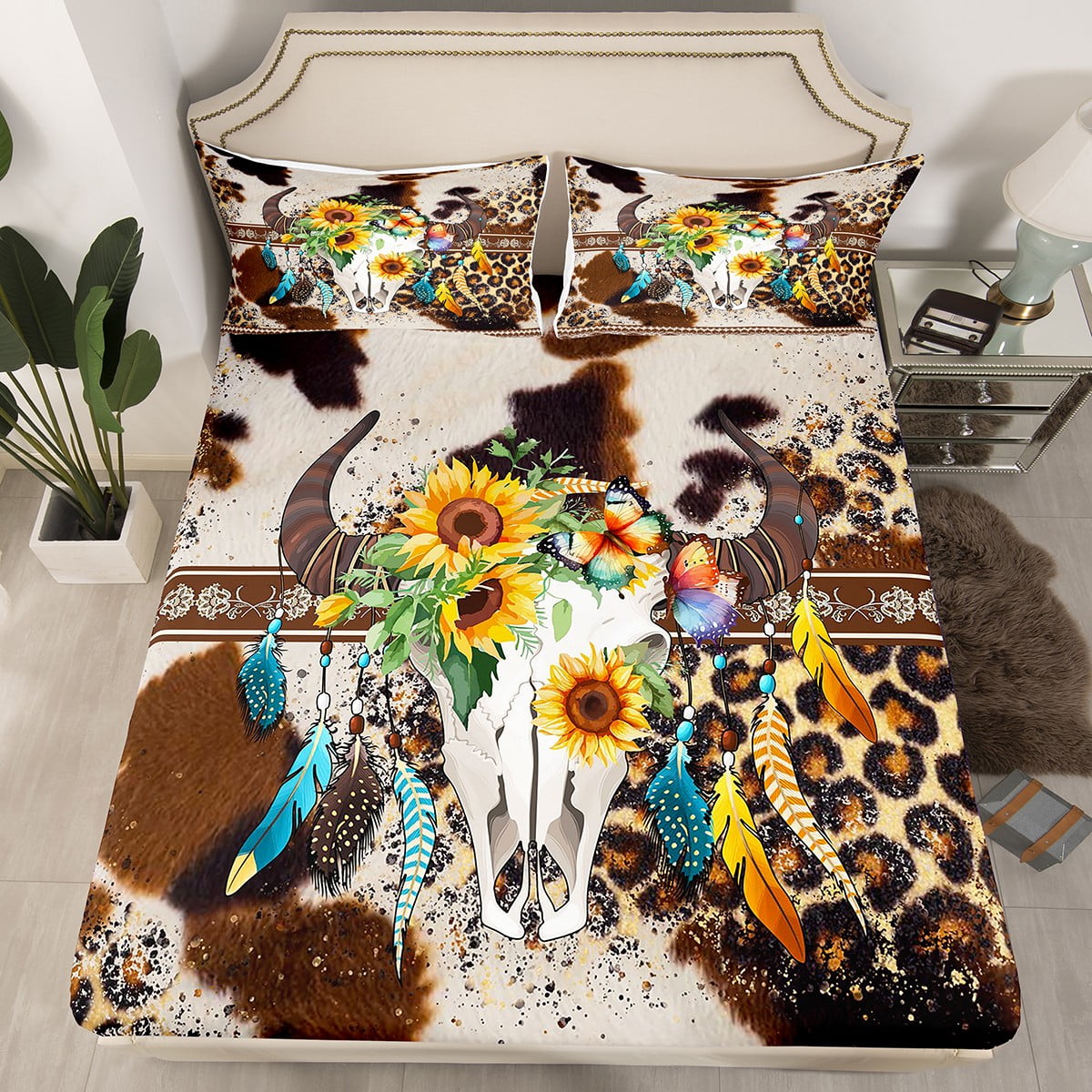 YST Sunflower Bull Skull Western Bed Sheets Twin,Brown Cowhide Cheetah