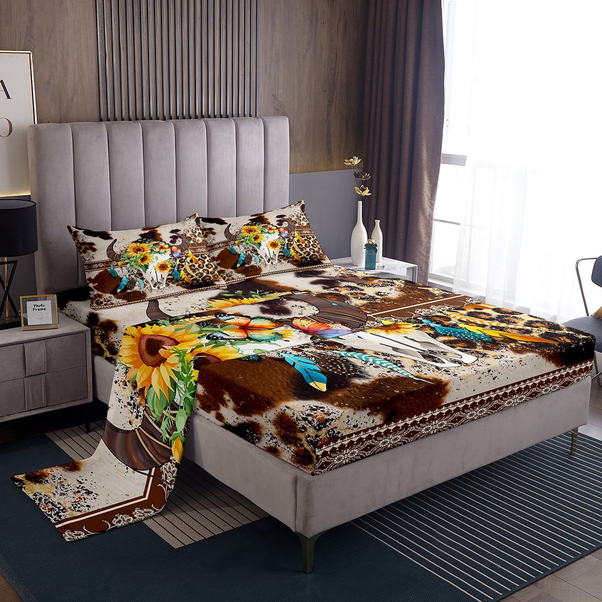 YST Sunflower Bull Skull Western Bed Sheets Set Twin,Brown Cowhide