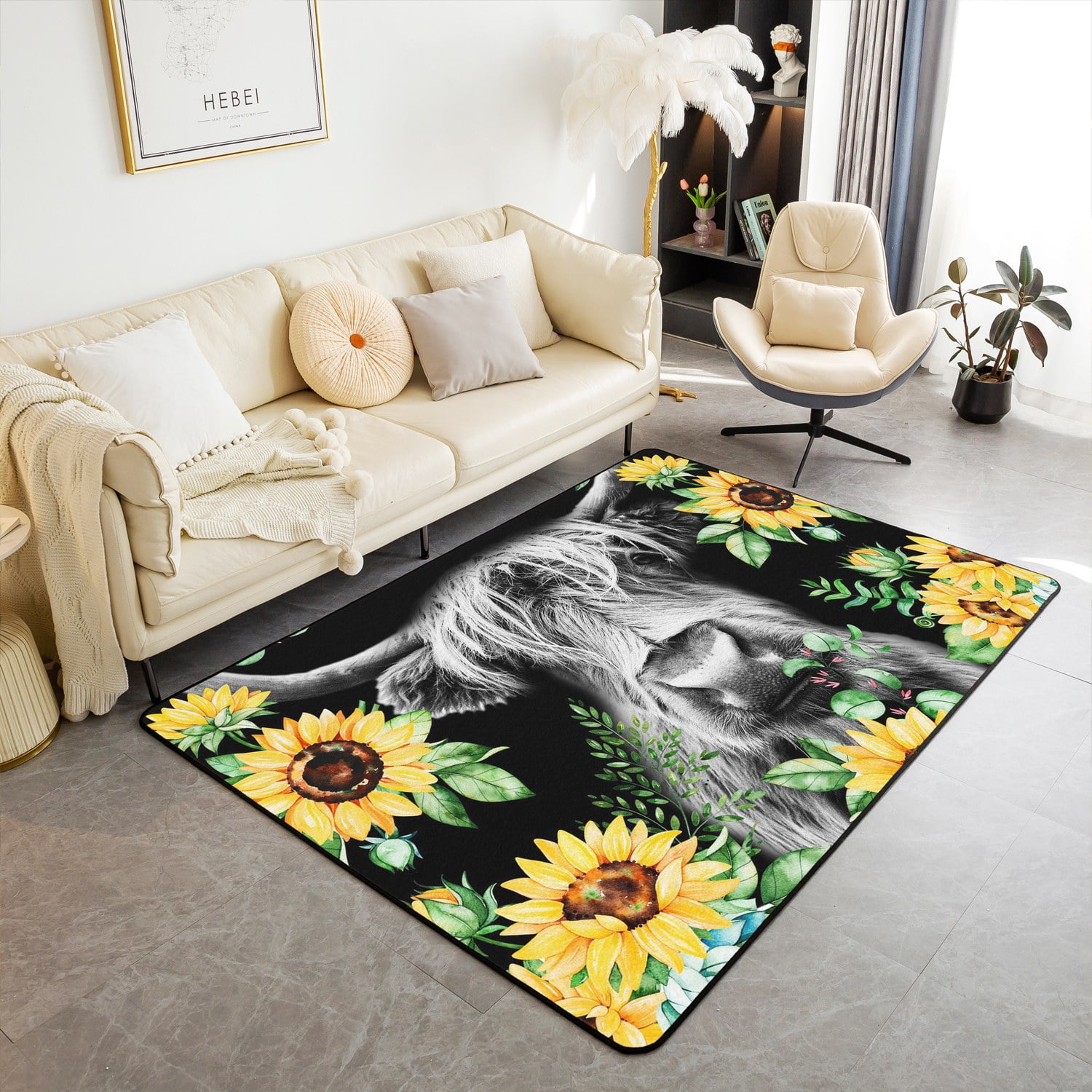 YST Sunflower Cow Carpet for Bedroom,Farm Highland Cow Area Rug 5x7 for