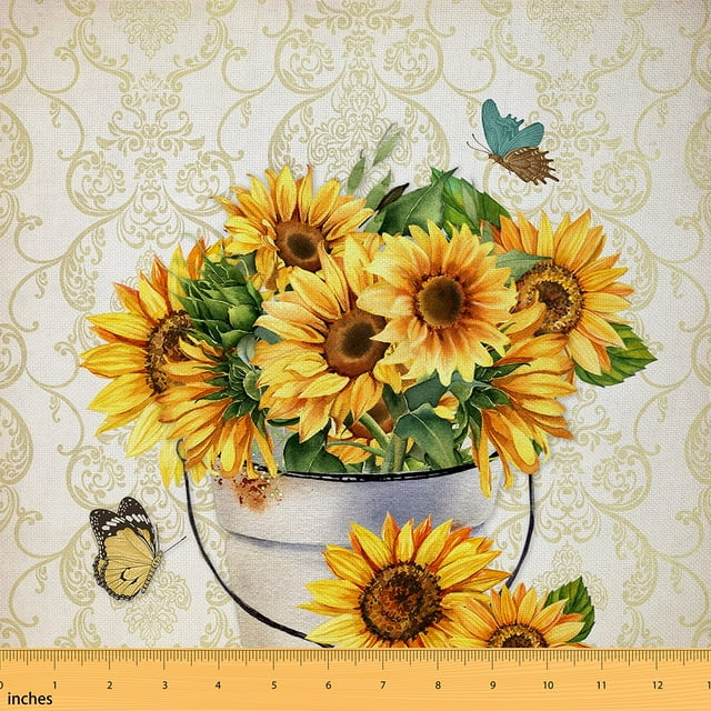 Erosebridal Sunflower Upholstery Fabric for Chairs,Bohemian Flower Fabric,Rustic Farmhouse Butterfly Fabric by the Yard,Boho Damask Outdoor Fabric,Oil Painting Style Waterproof Fabric,Yellow,5 Yards