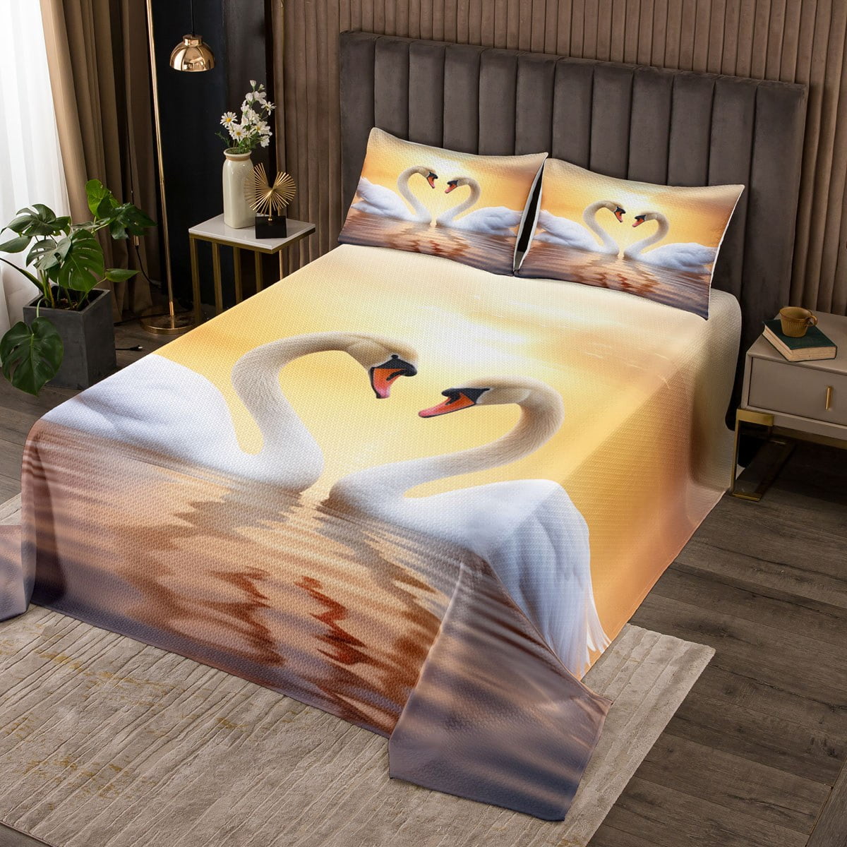 YST Swan Lake Quilt Set Couple Swan Coverlet Set Twin Size, White Swan