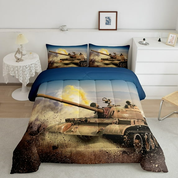 Erosebridal Tank Comforter Set Military Warship Tank Full Bed Comforter Set for Soldier Veteran, Army force Style Bedding Set 3 Pieces Military Vehicle War Theme Quilt Bedroom Decor