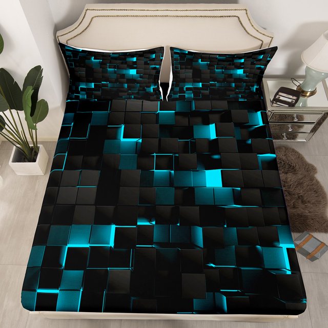 YST Teal And Black Bed Sheets Full,Neon Turquoise Geometric Check