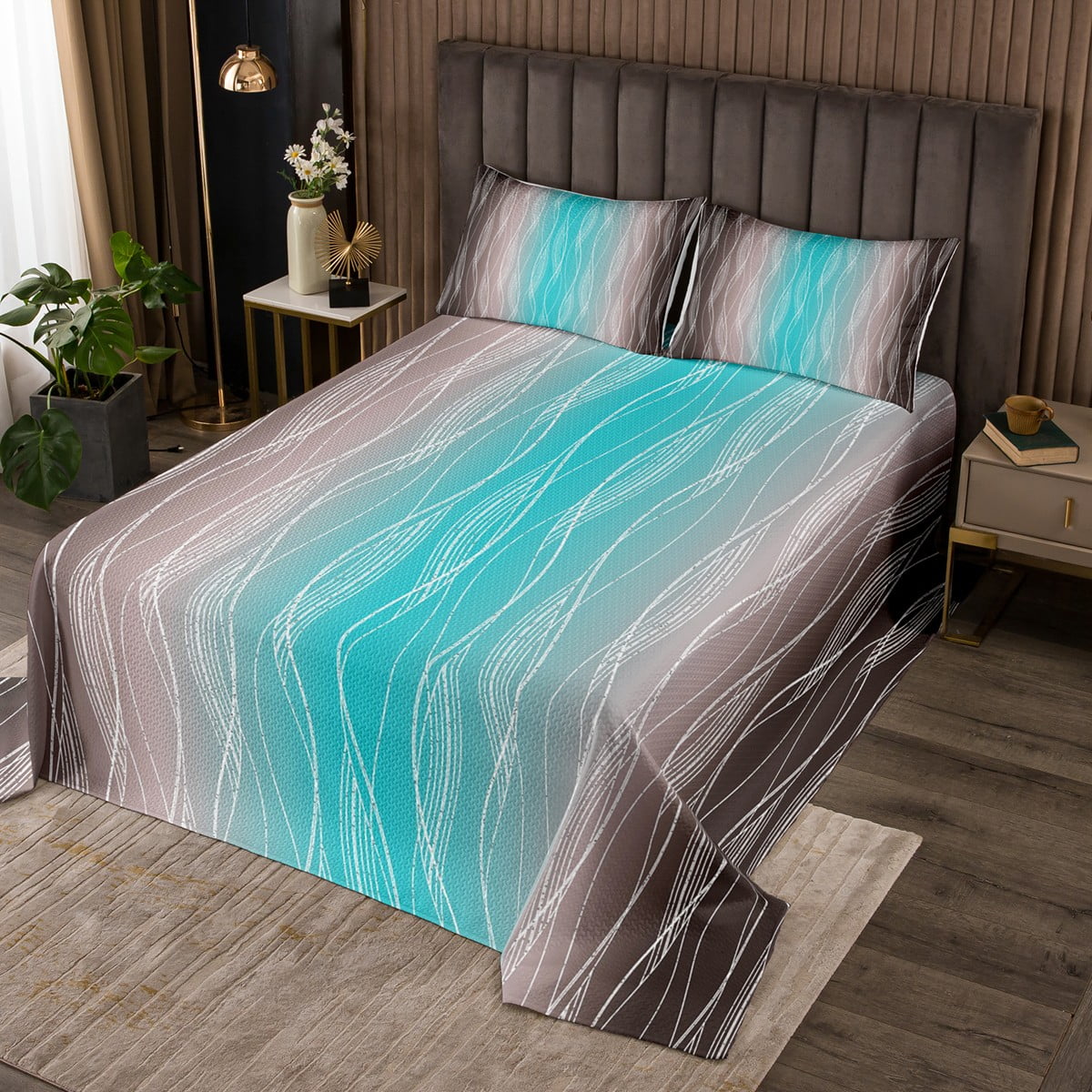 YST Teal And Brown Boys Quilt Set Geometric Silver Striped Twin Coverlet Set For Men Gradient