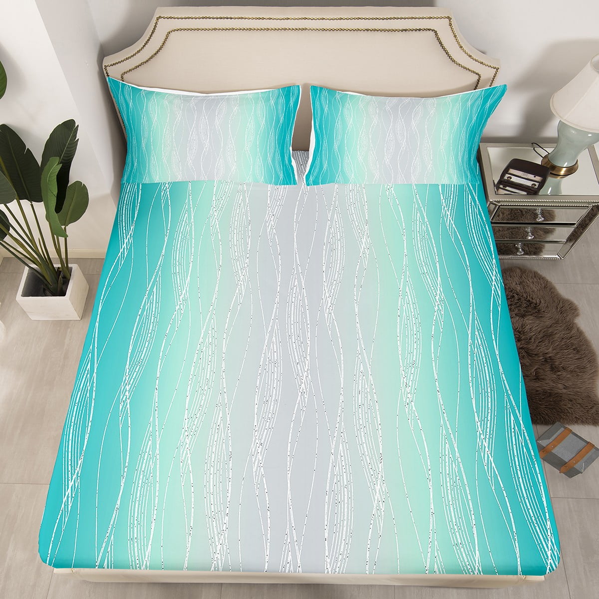 YST Teal And Greyish White Bed Sheets Turquoise Ombre Fitted Sheet ...