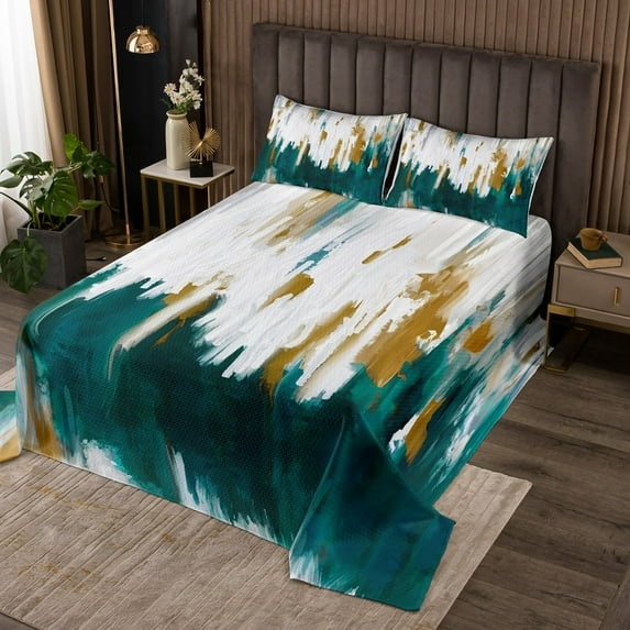 Teal Bedspread Twin Size Graffiti Ombre Quilt Set, Brush Strokes Oil Painting Coverlet Set Modern Contemporary Bedding Set, Chic Vintage Abstract Gradient Bed Cover 2 Pieces