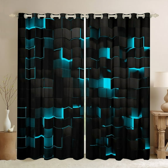 Teal Black 30%-50% Blackout Curtains 52"Wx63"L,Neon Turquoise Geometric Check Curtains & Drapes For Bedroom Living Room Stereoscopic Abstract Grids Window Curtains Square Curtains 2 Panels