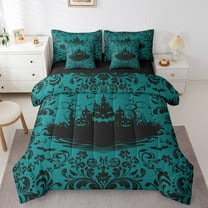 Teal And Black Gothic Bedding Sets Twin Turquoise Halloween Comforter Set 7 Piece Goth Damask Bat Pumpkin Bed In A Bag Adults Horror Trees Castle Bedding Comforter Sets