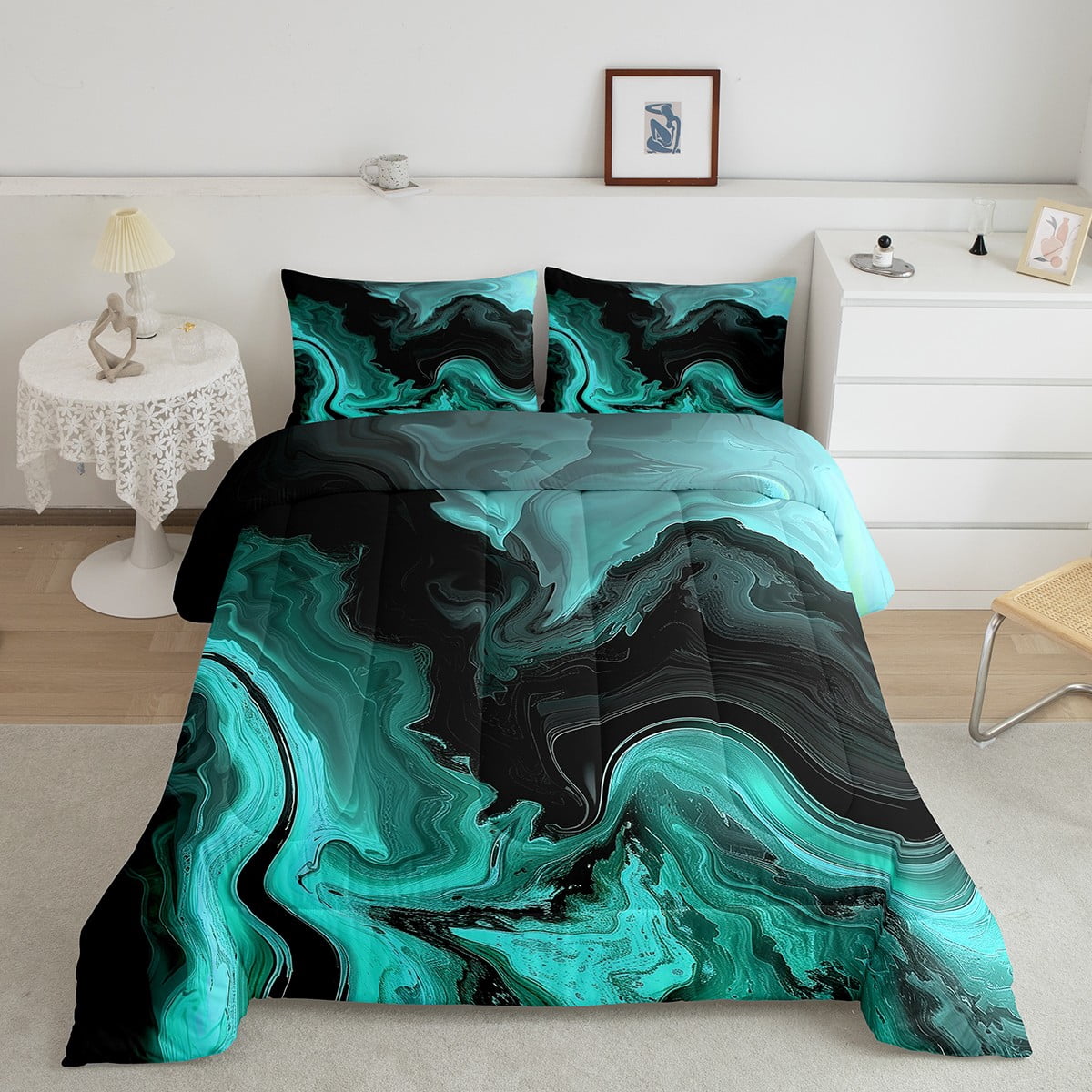 Castle Fairy Purple Gold Marbling Comforter Set Twin – Abstract Art Bedding, 2-Piece With Pillowcase | Soft, Quilted Down Alternative