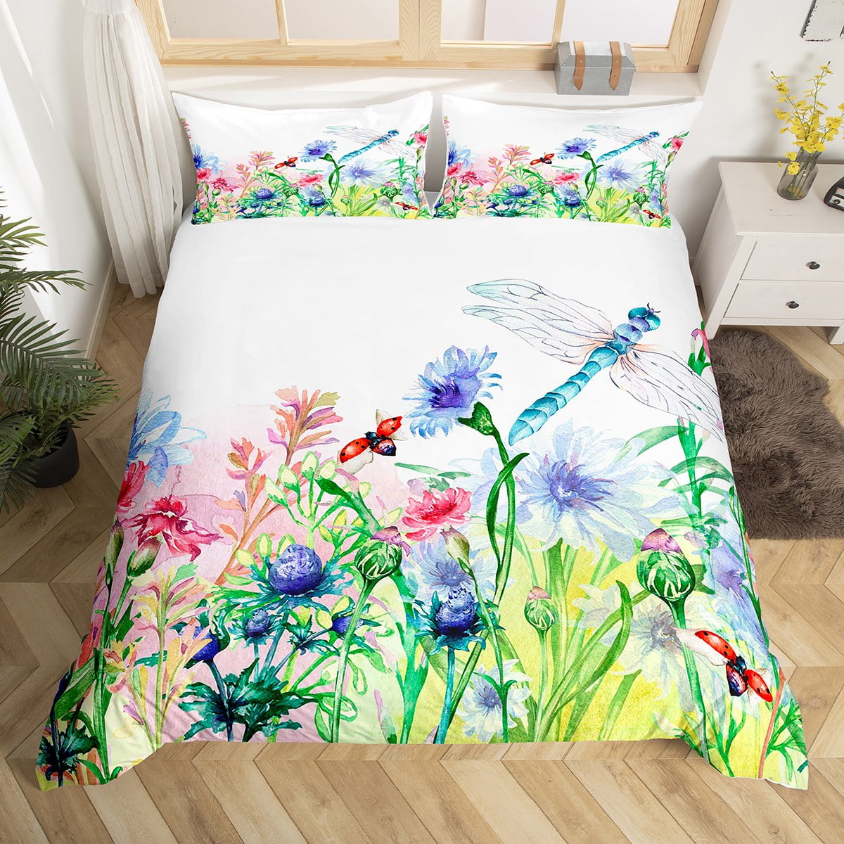 YST Teal Dragonfly Bedding Sets Queen Colorful Flower Comforter Cover